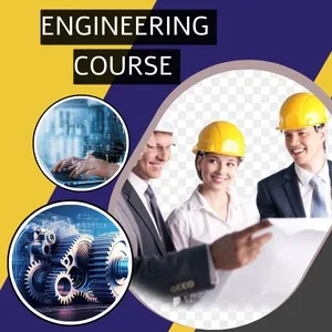 An educational banner for an engineering course. The graphic features text reading "ENGINEERING COURSE" with a picture of three engineers in hard hats looking at blueprints. Two smaller circular images show a digital tech interface and mechanical gears. This visual represents a premier admission consultancy for MBBS, B.Tech, BDS, BPT, B.Pharm, LLB, B.Ed, and many more graduation, post graduation, and diploma courses across India and abroad.