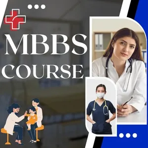An educational banner showcasing an MBBS course. The graphic features text reading "MBBS COURSE" alongside an image of a female doctor with a stethoscope. A smaller image depicts a healthcare professional in medical scrubs and an illustration of a medical checkup. This graphic represents services provided by a premier admission consultancy for MBBS, B.Tech, BDS, BPT, B.Pharm, LLB, B.Ed, and many more graduation, post graduation, and diploma courses across India and abroad.