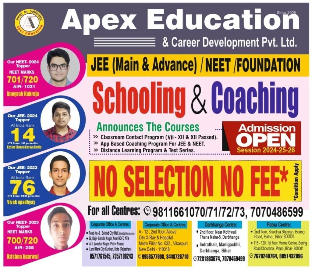 An educational admission flyer for Apex Education & Career Development Pvt. Ltd. highlighting JEE, NEET, and foundation schooling and coaching courses. The banner displays topper student photos with high exam scores and features a prominent "NO SELECTION NO FEE" guarantee alongside center addresses and contact numbers. This visual represents a premier admission consultancy for MBBS, B.Tech, BDS, BPT, B.Pharm, LLB, B.Ed, and many more graduation, post graduation, and diploma courses across India and abroad.