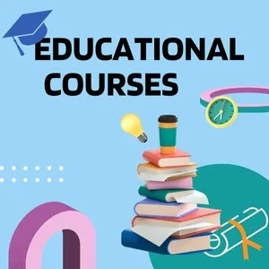 An educational banner featuring the bold text "EDUCATIONAL COURSES" on a light blue background. The graphic elements include a graduation cap, a stacked pile of text books topped with a coffee cup, an glowing lightbulb, and a diploma scroll. This graphic represents a premier admission consultancy for MBBS, B.Tech, BDS, BPT, B.Pharm, LLB, B.Ed, and many more graduation, post graduation, and diploma courses across India and abroad.