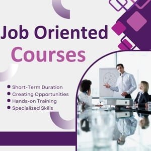 An educational promotional banner featuring the bold text "Job Oriented Courses" on a white and purple background. The graphic lists key benefits including short-term duration, creating opportunities, hands-on training, and specialized skills, alongside an image of a professional presentation in an office setting. This graphic represents a premier admission consultancy for MBBS, B.Tech, BDS, BPT, B.Pharm, LLB, B.Ed, and many more graduation, post graduation, and diploma courses across India and abroad.