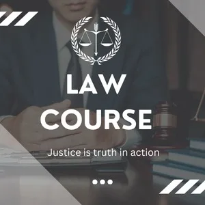 An educational banner for legal studies featuring the text "LAW COURSE" and "Justice is truth in action" on a dark background. The graphic showcases a lawyer in a suit sitting at a desk with a law scale emblem and a judge's gavel visible in the background. This image represents services by a premier admission consultancy for MBBS, B.Tech, BDS, BPT, B.Pharm, LLB, B.Ed, and many more graduation, post graduation, and diploma courses across India and abroad.