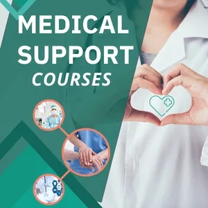 An educational banner for healthcare pathways featuring the text "MEDICAL SUPPORT COURSES" on a green and white background. The graphic showcases a doctor making a heart shape with their hands holding a medical heart symbol, alongside circular insets showing clinical laboratory testing and healthcare team coordination. This image represents services by a premier admission consultancy for MBBS, B.Tech, BDS, BPT, B.Pharm, LLB, B.Ed, and many more graduation, post graduation, and diploma courses across India and abroad.