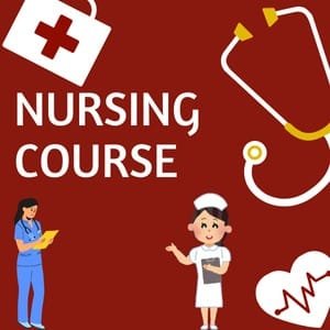 An educational banner for a nursing course. The graphic features text reading "NURSING COURSE" with illustrations of a medical kit, a stethoscope, a heartbeat symbol, and nurses in uniforms. This visual represents a premier admission consultancy for MBBS, B.Tech, BDS, BPT, B.Pharm, LLB, B.Ed, and many more graduation, post graduation, and diploma courses across India and abroad.
