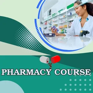 An educational banner for a pharmacy course on a teal and green background. The graphic features text reading "PHARMACY COURSE" alongside an illustration of a medical capsule pill and a circular image showing a female pharmacist working in a pharmacy. This visual represents a premier admission consultancy for MBBS, B.Tech, BDS, BPT, B.Pharm, LLB, B.Ed, and many more graduation, post graduation, and diploma courses across India and abroad.