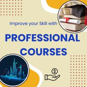 An educational banner highlighting professional skills development. The graphic features text reading "Improve your Skill with PROFESSIONAL COURSES" with a circular image of graduation books, a degree scroll, a mortarboard cap, and a tech city graphic. This visual represents services from a premier admission consultancy for MBBS, B.Tech, BDS, BPT, B.Pharm, LLB, B.Ed, and many more graduation, post graduation, and diploma courses across India and abroad.