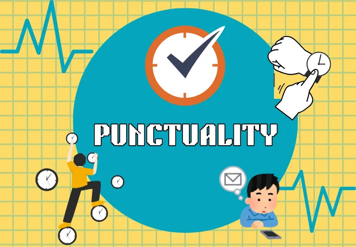 An educational graphic focused on time management featuring the bold text "PUNCTUALITY" inside a large teal circle. The design includes a clock with a checkmark, illustrated hands pointing to a watch, a person climbing various clocks, and a student thinking about a message notification on a yellow grid background. This image represents core professional values promoted by a premier admission consultancy for MBBS, B.Tech, BDS, BPT, B.Pharm, LLB, B.Ed, and many more graduation, post graduation, and diploma courses across India and abroad.