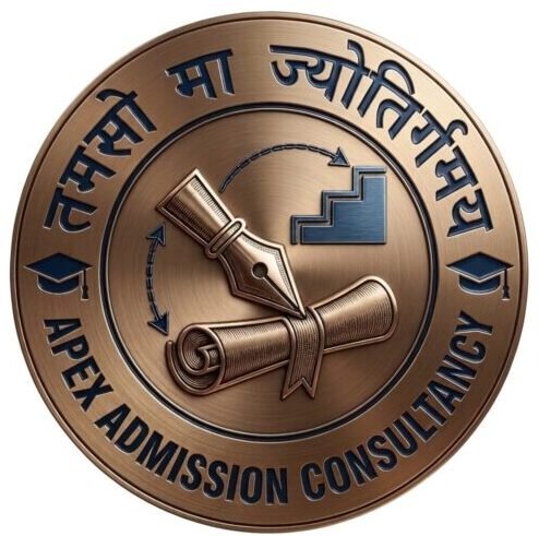 Professional circular 3D metallic bronze logo of Apex Admission Consultancy with a fountain pen, scroll, and ascending stairs, featuring the slogan Tamso Ma Jyotirgamaya.