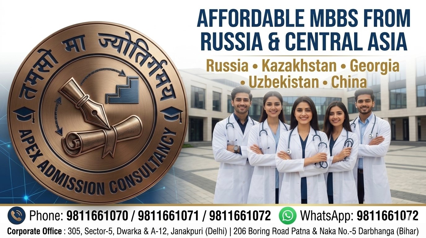 Horizontal admission poster by Apex Admission Consultancy showcasing affordable MBBS from Russia and Central Asia, including Georgia, Kazakhstan, Uzbekistan, and China, featuring a team of professional medical students and corporate office contact information.