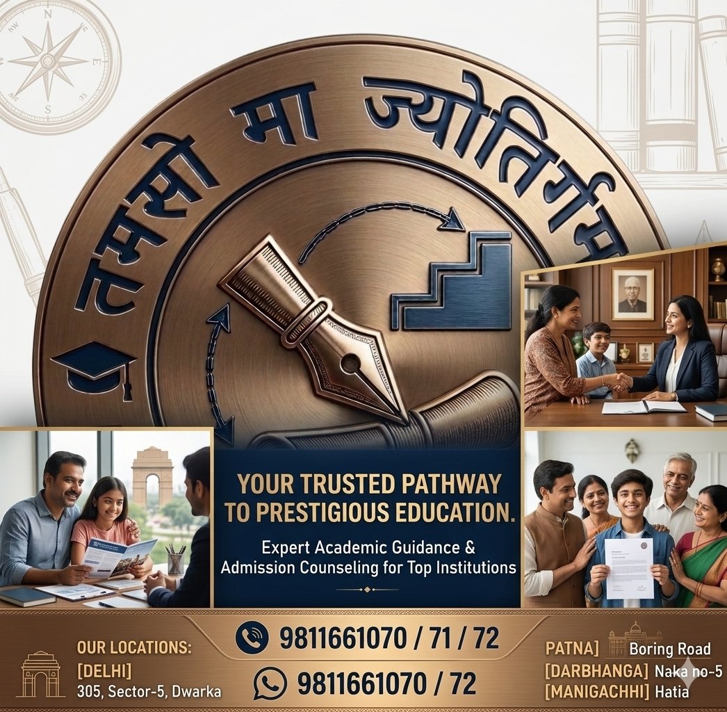 Square professional homepage poster for Apex Admission Consultancy featuring a large circular bronze brand emblem, Indian families engaged in academic counseling, contact numbers, and branch locations.