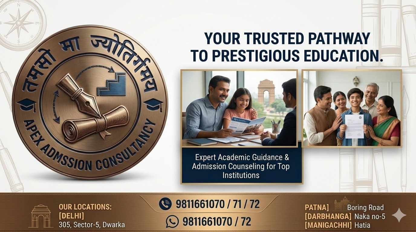 Horizontal web homepage banner for Apex Admission Consultancy featuring their circular bronze emblem, photographs of Indian parents and students during academic counseling, contact info, and multiple branch addresses.